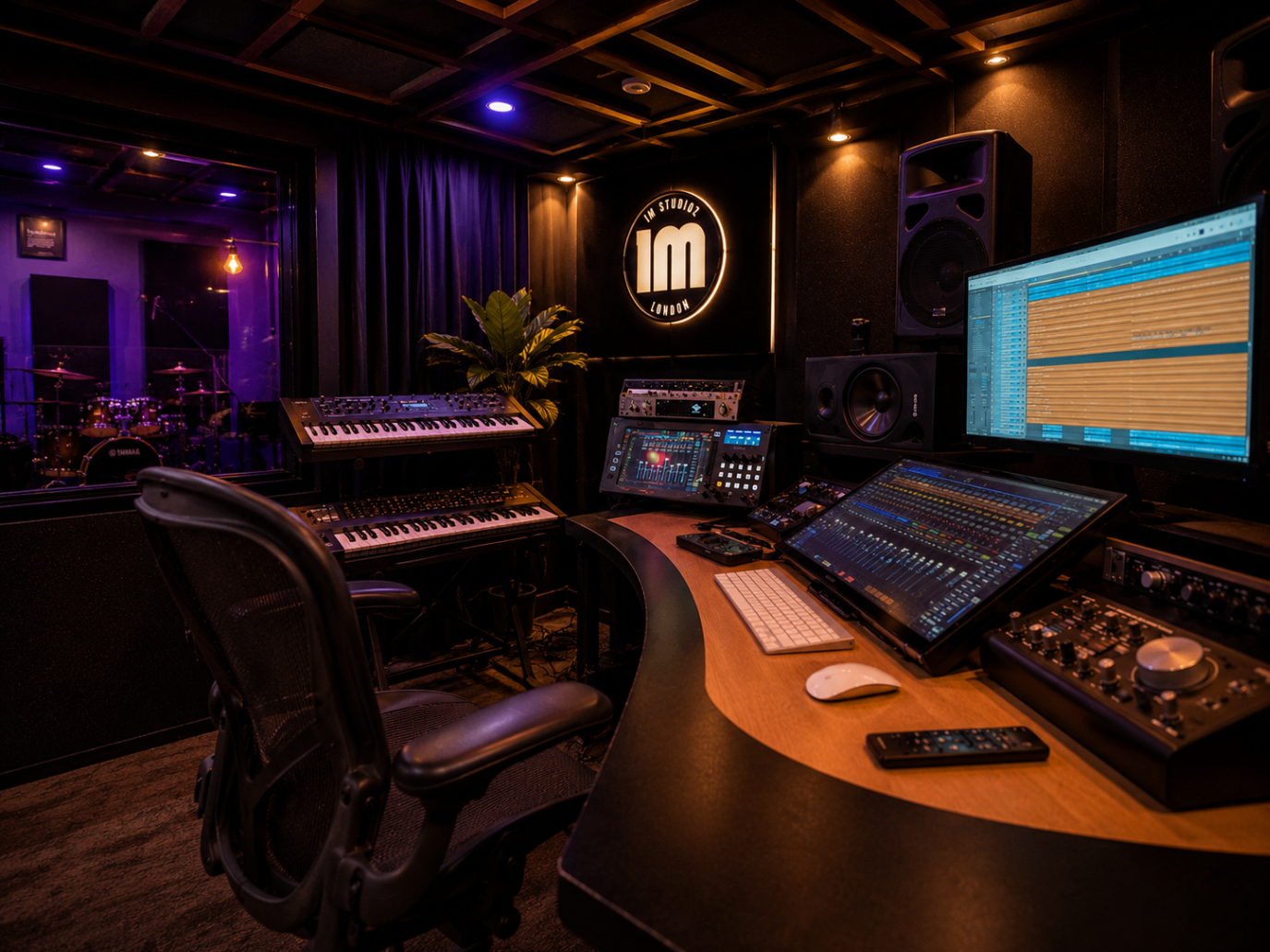 Wide view of the control room with keyboards and production desk