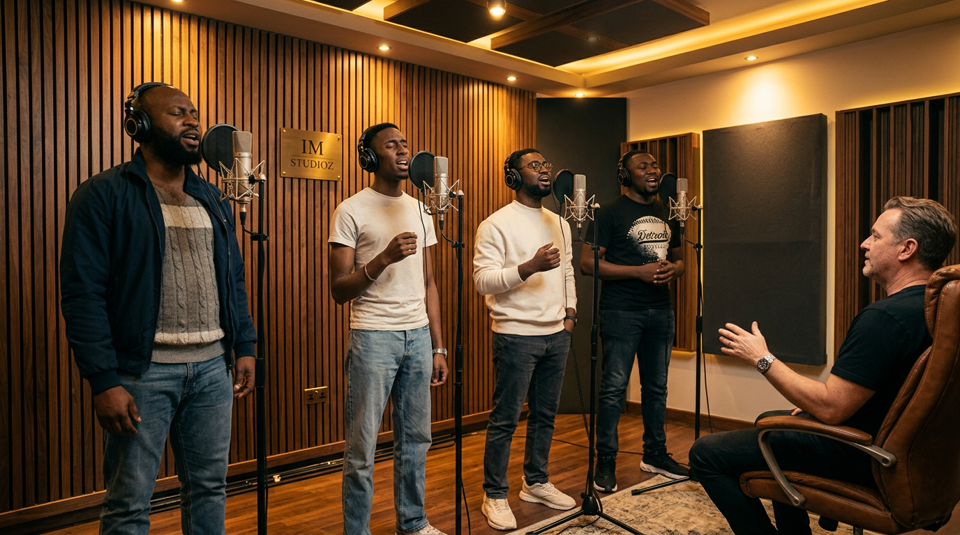 Four vocalists in headphones singing passionately at IM Studioz while the producer directs from a leather chair