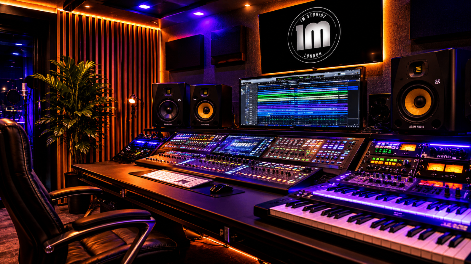 Main control room with illuminated mixing desk and studio monitors
