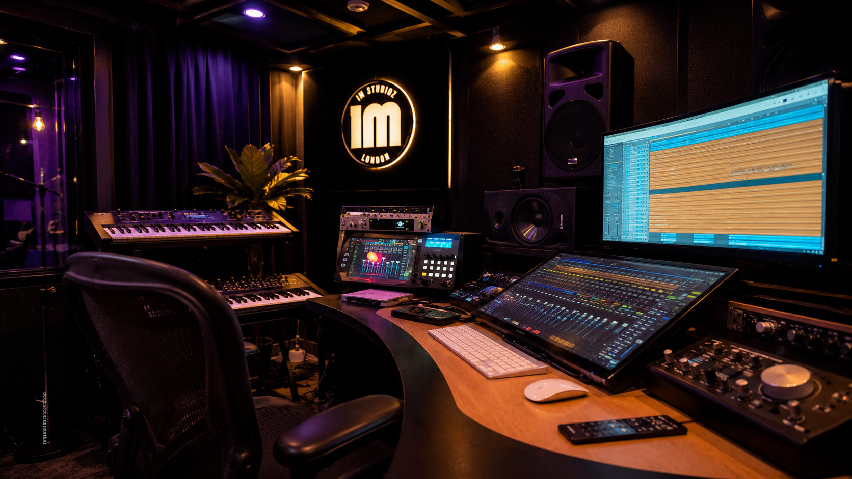 Ambient angle of the control room with illuminated IM Studioz sign