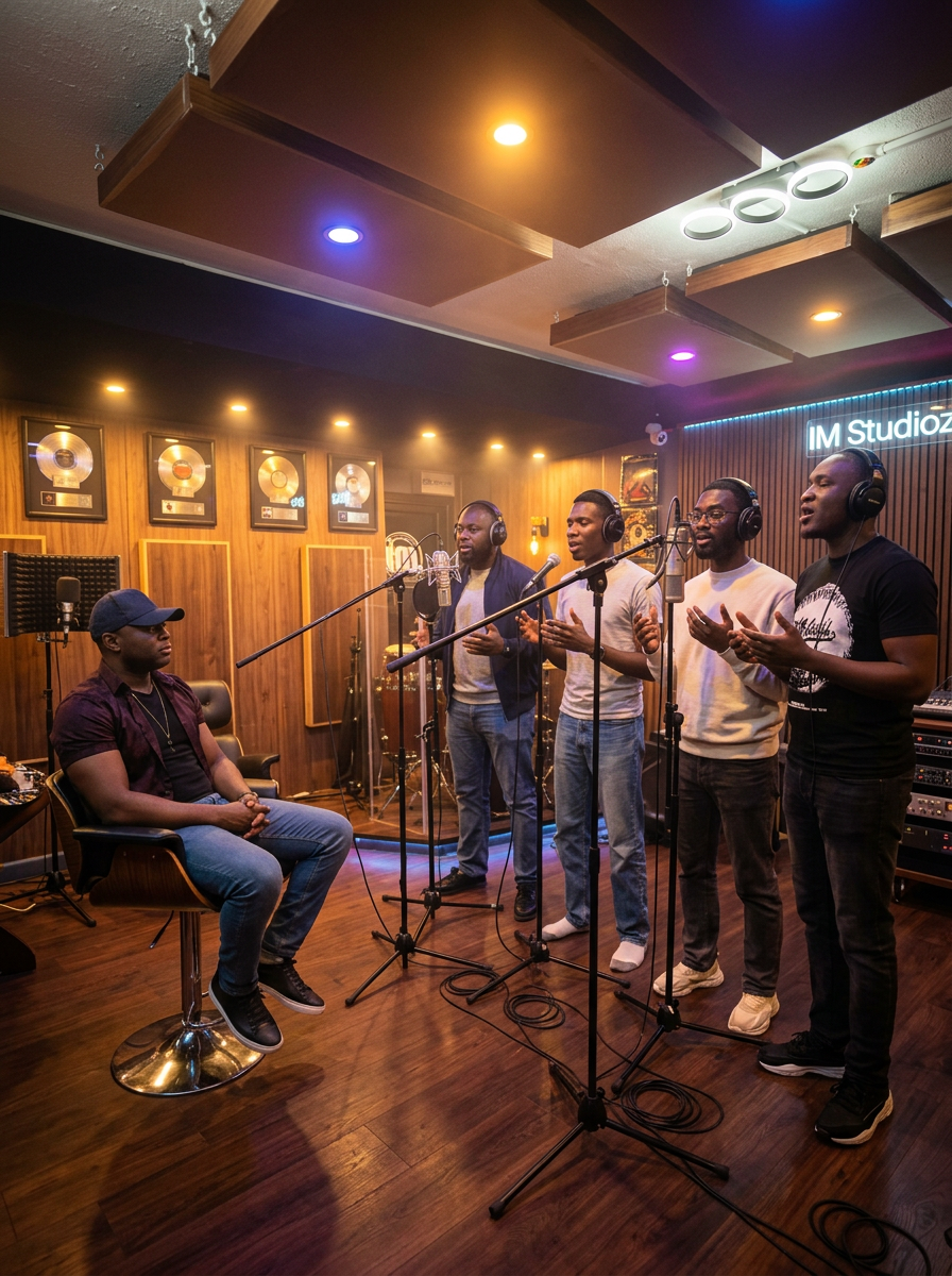 Group of singers performing into condenser microphones under warm studio lights as the producer listens, seated
